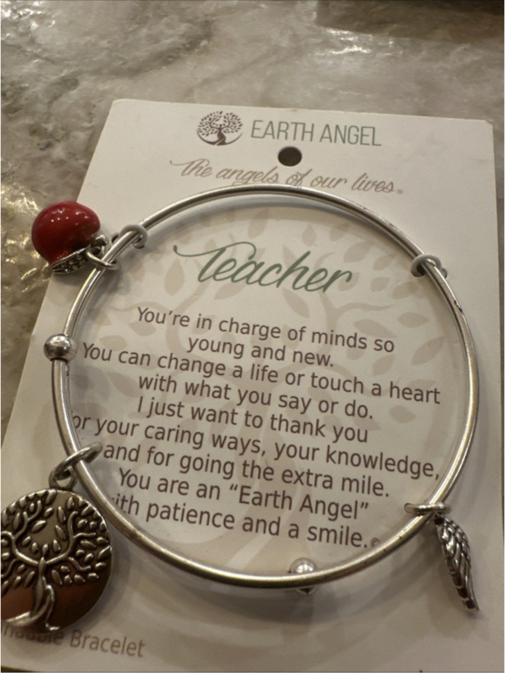 Teacher gift Earth Angel Brand Apple Bracelet New Orig Gift Card